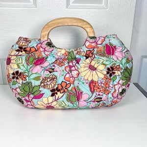 Y2K Vera Bradley Tropical Kelly Silk Bag with Wooden Handles